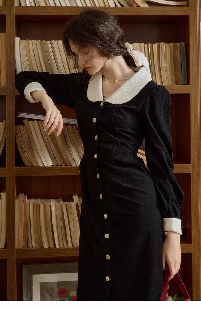 55- シンプルレトロツアーベルベット ブラック カラーネック Long ONE PIECE ゲストルックオフィスルック