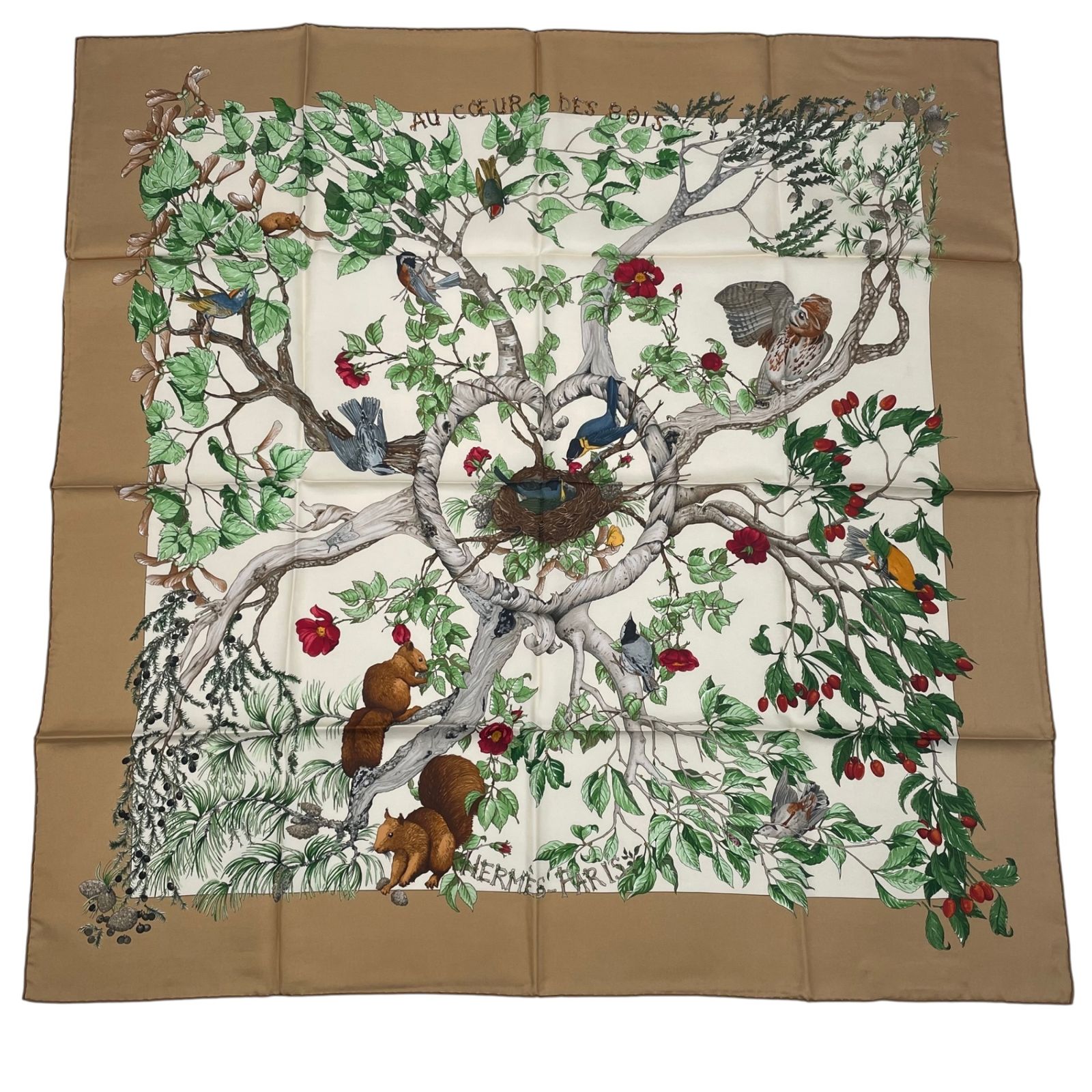 極美品 HERMES エルメス カレ90 スカーフ シルク U COEUR DES BOIS 森 