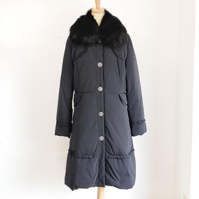 ルイフェロー　Louis Feraud ファーコート ルイフェロー ☆ ダウン ロングコート フォックファー付 ブラック 黒