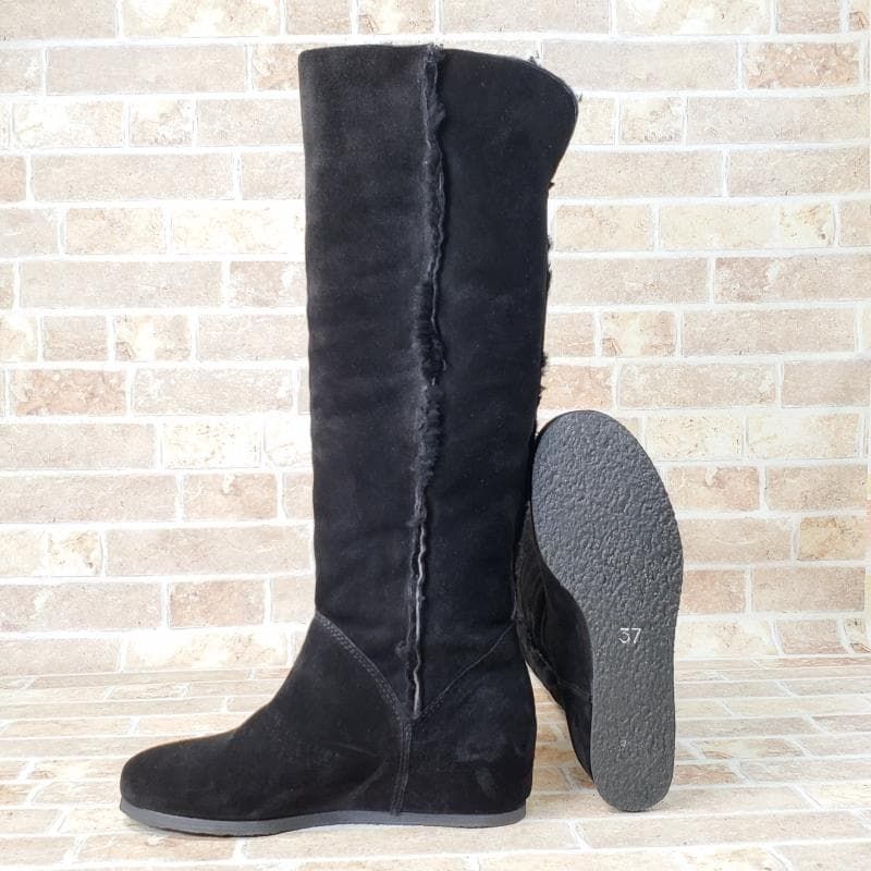 セオリー Theory スエードレザー ムートン ボア インヒール ロングブーツ 37 ブラック 黒