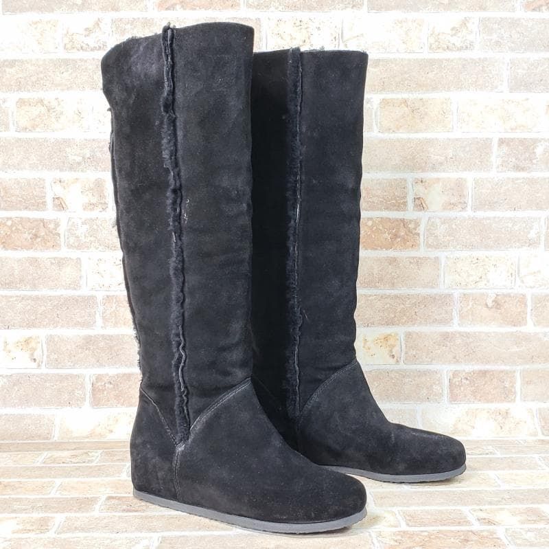 セオリー Theory スエードレザー ムートン ボア インヒール ロングブーツ 37 ブラック 黒