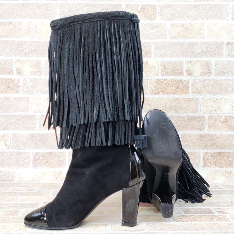 ピッピ Pippi フリンジ スエードレザー エナメルレザー コンビ ブーツ S ブラック 黒