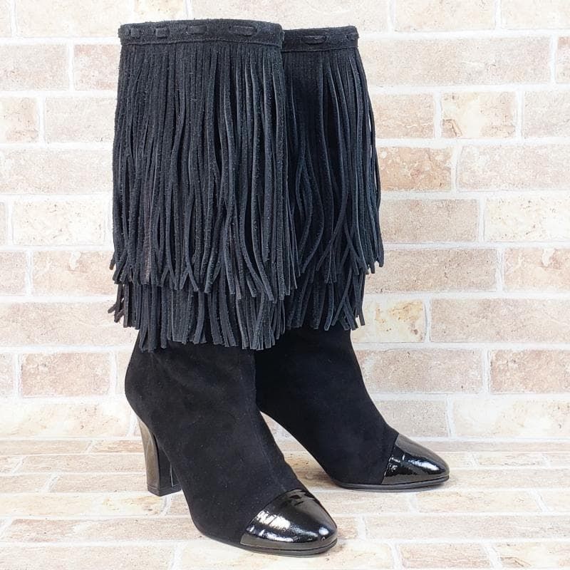 ピッピ Pippi フリンジ スエードレザー エナメルレザー コンビ ブーツ S ブラック 黒