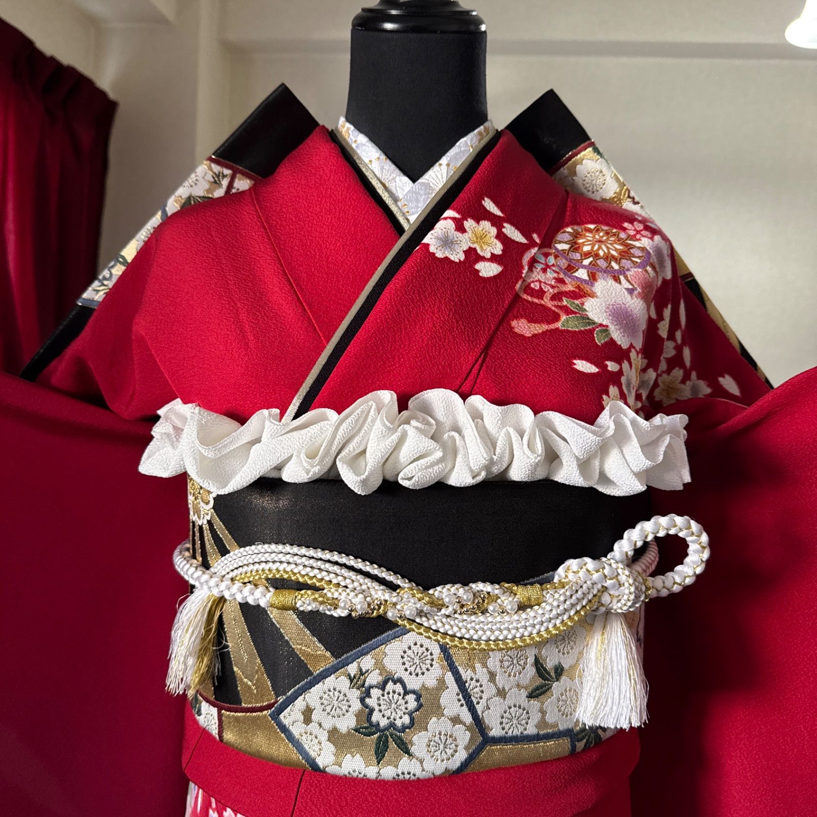 豪華 振袖 古典柄 桜 フルセット (6点) 袋帯 半衿 重ね衿 帯揚げ