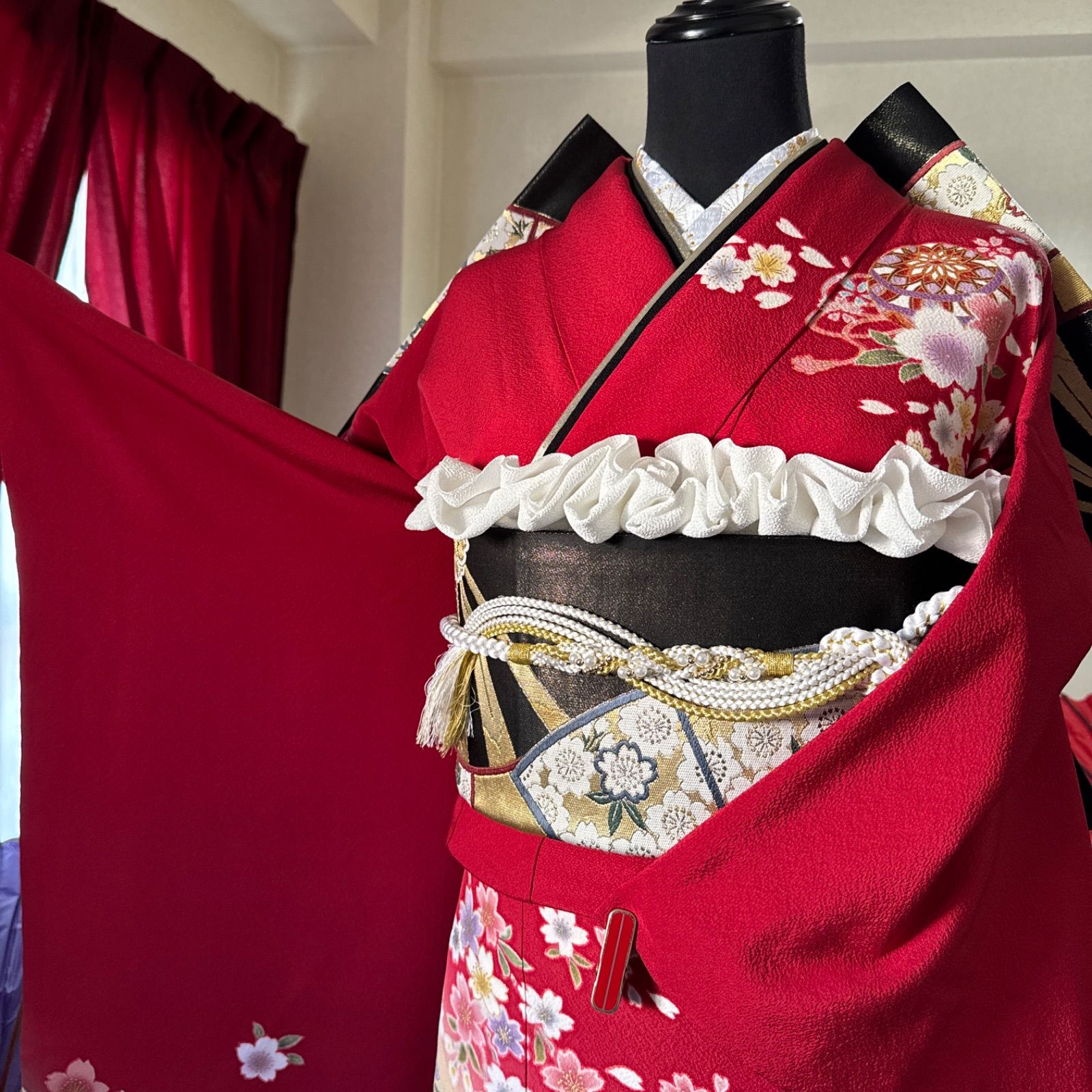 豪華 振袖 古典柄 桜 フルセット (6点) 袋帯 半衿 重ね衿 帯揚げ