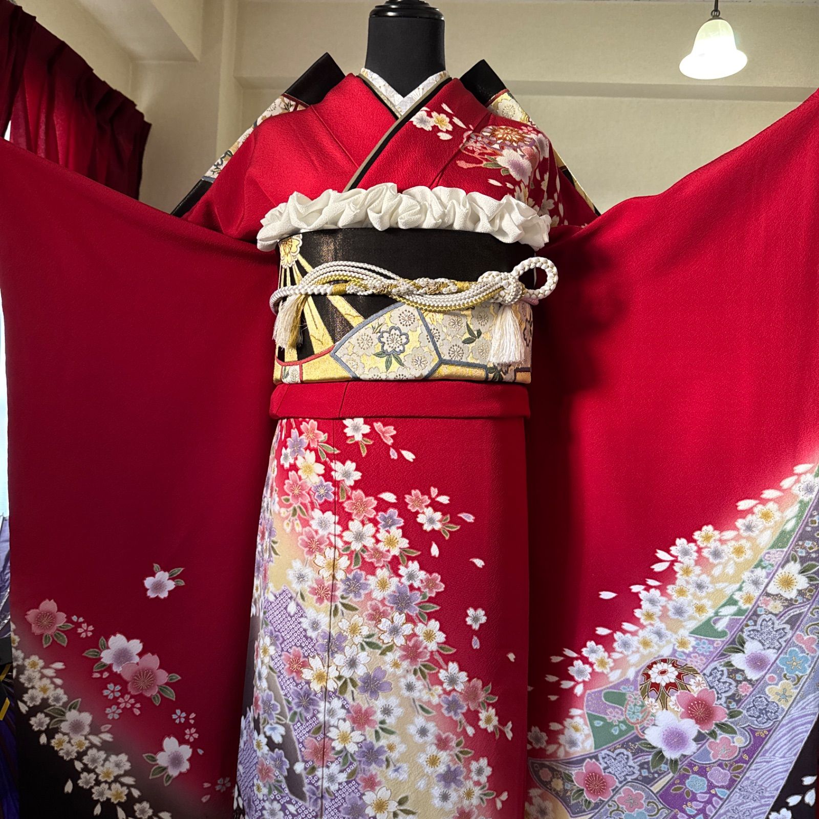 豪華 振袖 古典柄 桜 フルセット (6点) 袋帯 半衿 重ね衿 帯揚げ