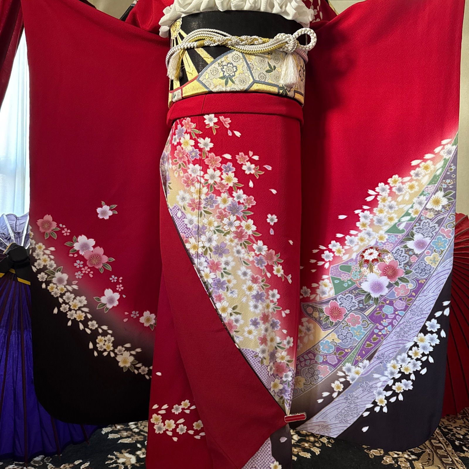 豪華 振袖 古典柄 桜 フルセット (6点) 袋帯 半衿 重ね衿 帯揚げ