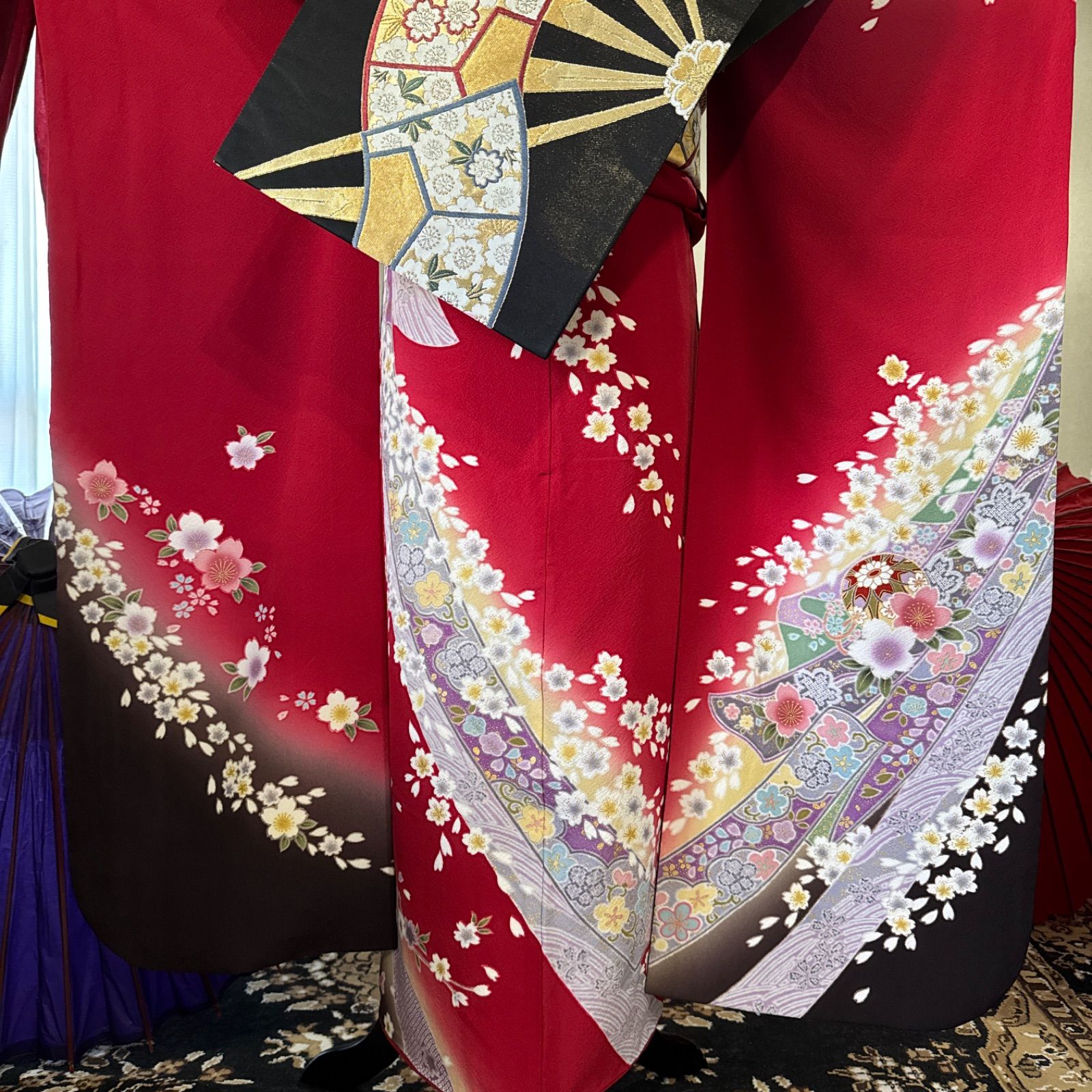 豪華 振袖 古典柄 桜 フルセット (6点) 袋帯 半衿 重ね衿 帯揚げ