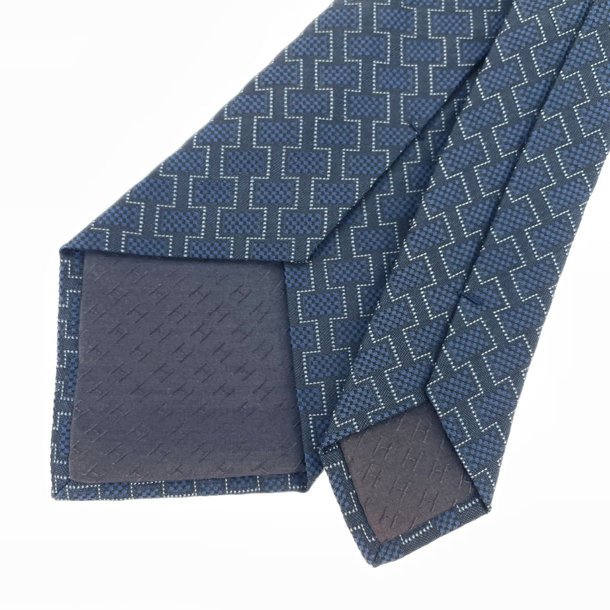 HERMES エルメス ネクタイ H柄/箱付 シルク100％ ネイビー メンズ