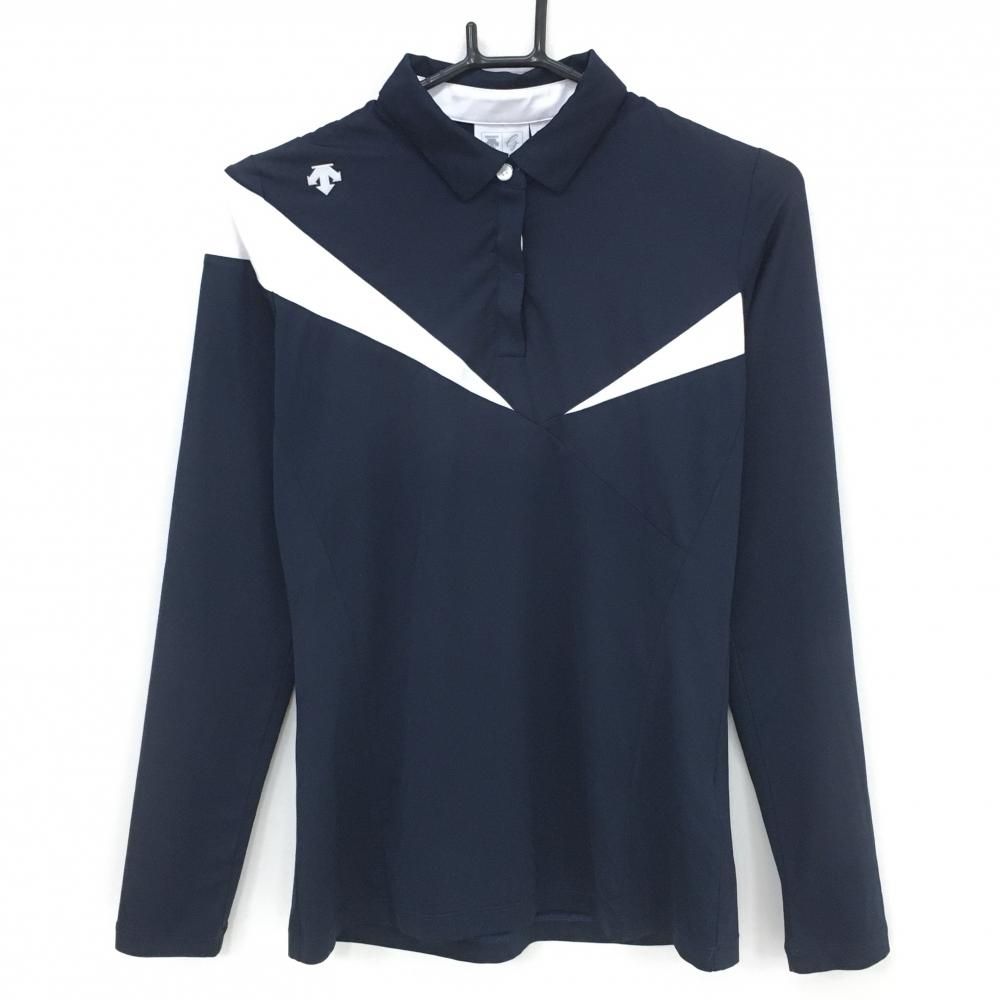 デサントゴルフ 長袖ポロシャツ ネイビー×白 肩ロゴ ストレッチ 中田