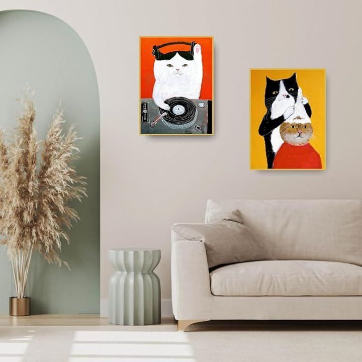 RERACO 絵画 猫の絵 ゴールドフレーム 額付き 壁掛け インテリア ネコ