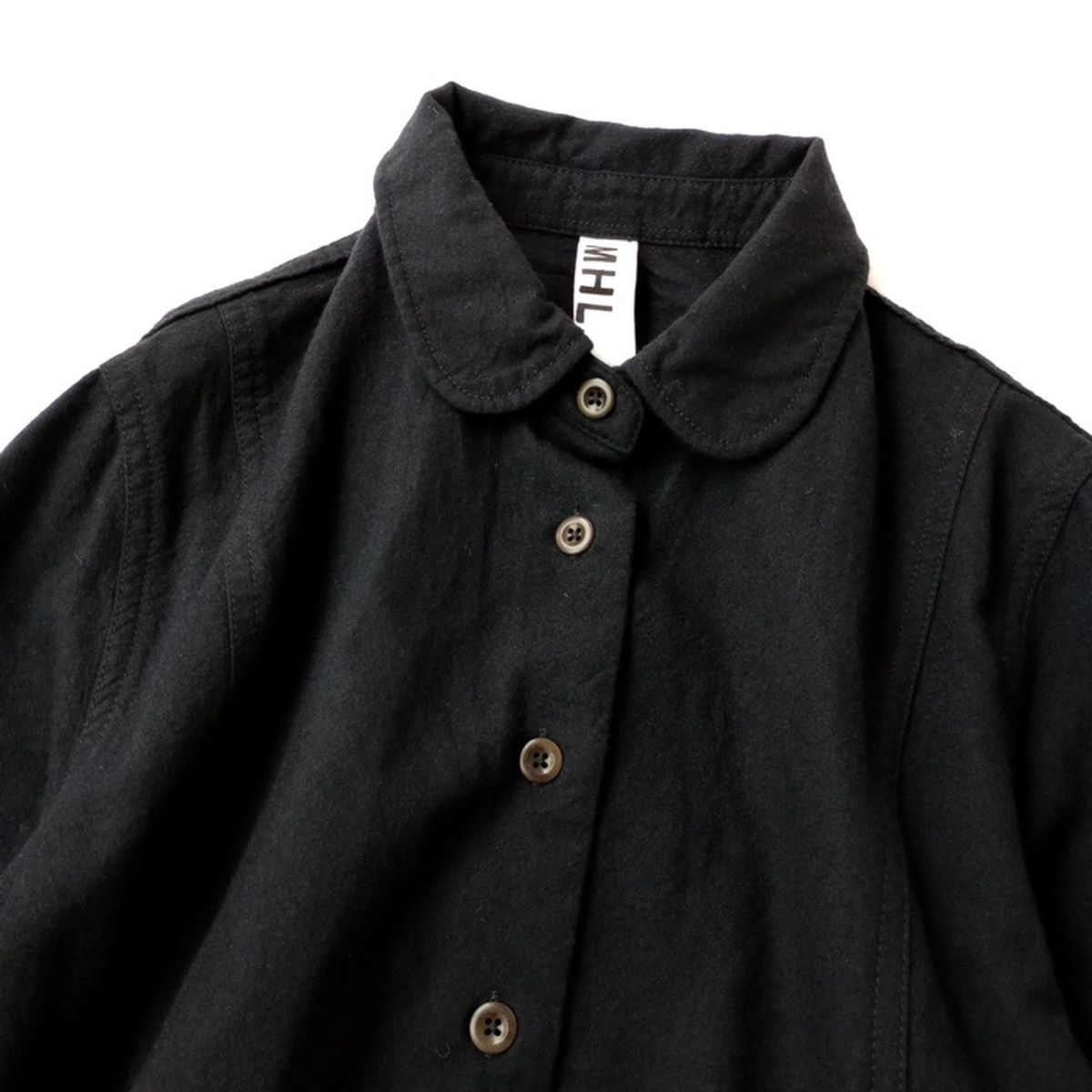 MHL. エムエイチエル マーガレットハウエル 丸襟 ウール シャツワンピース フランネル ロング 羽織 Ⅱ ブラックネイビー系 88 K 7167 25 F