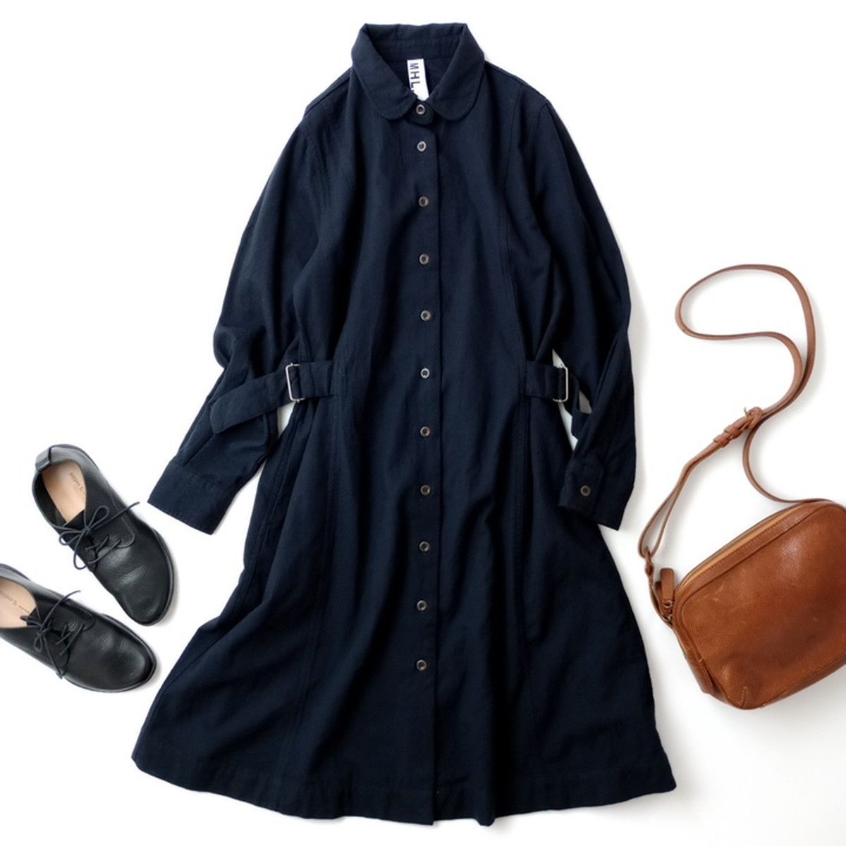 MHL エムエイチエル マーガレットハウエル 丸襟 ウール シャツワンピース フランネル ロング 羽織 Ⅱ ブラックネイビー系 88 K 7167 25 F