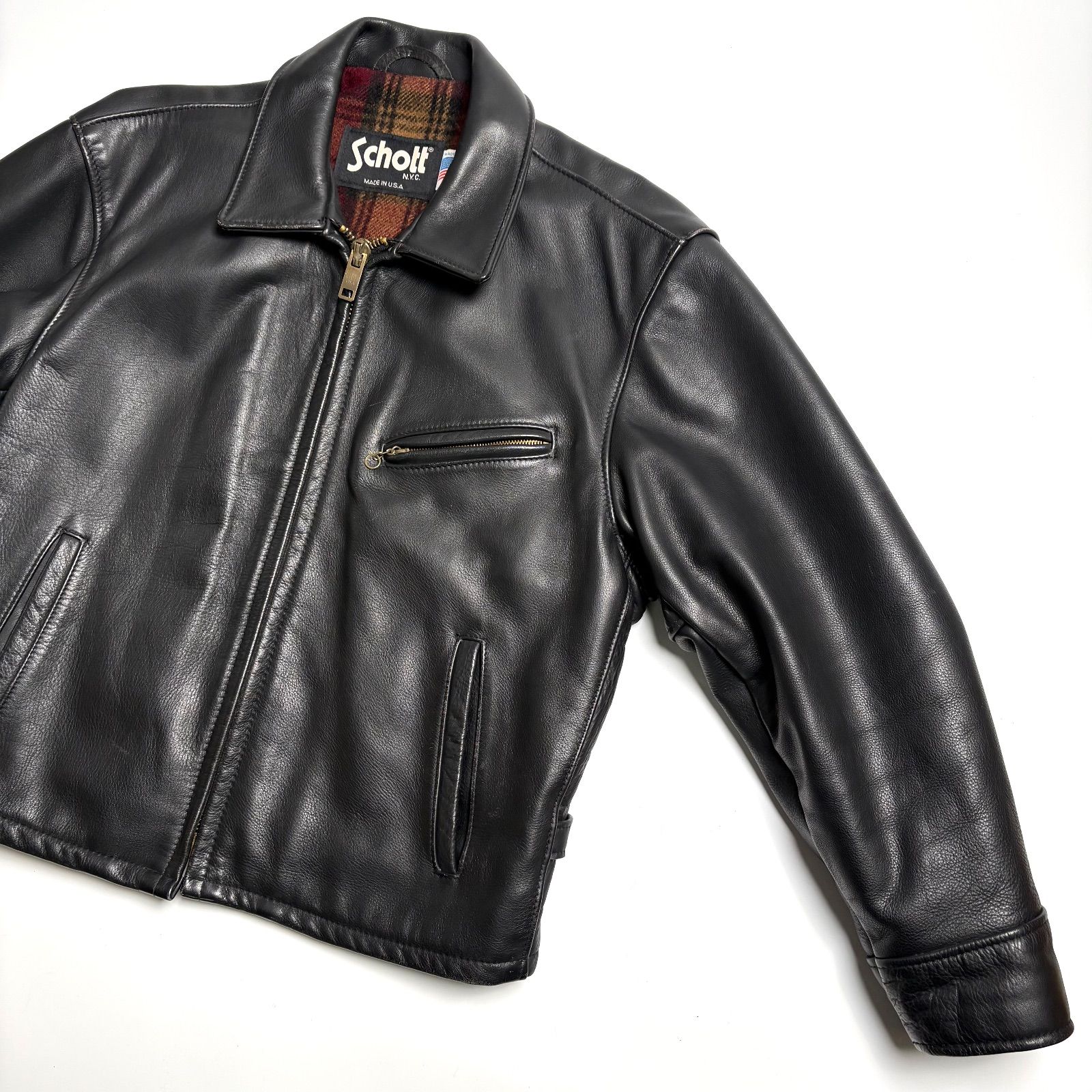 米国製】Schott レザー ライダースジャケット 黒 44 襟付き 本革