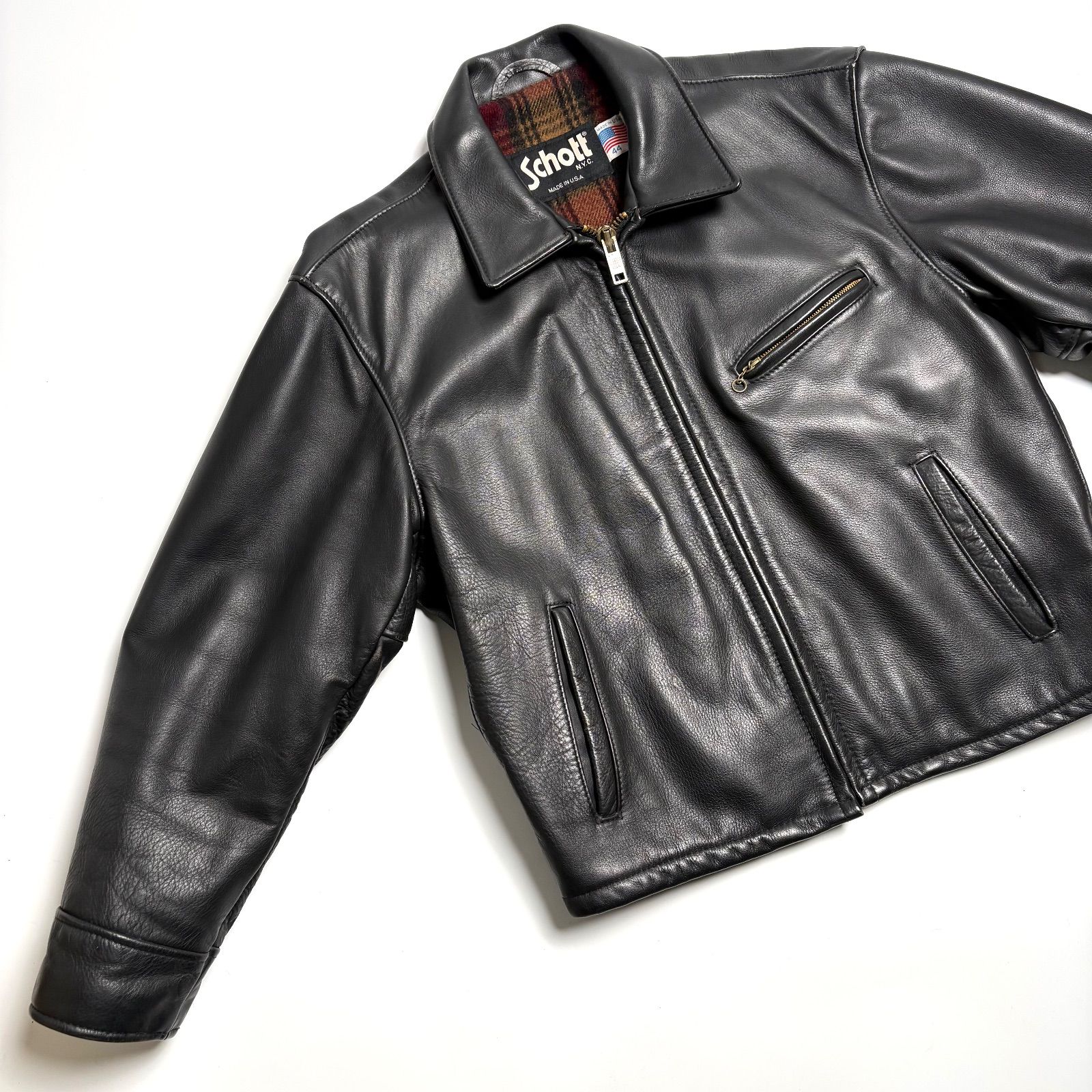 米国製】Schott レザー ライダースジャケット 黒 44 襟付き 本革