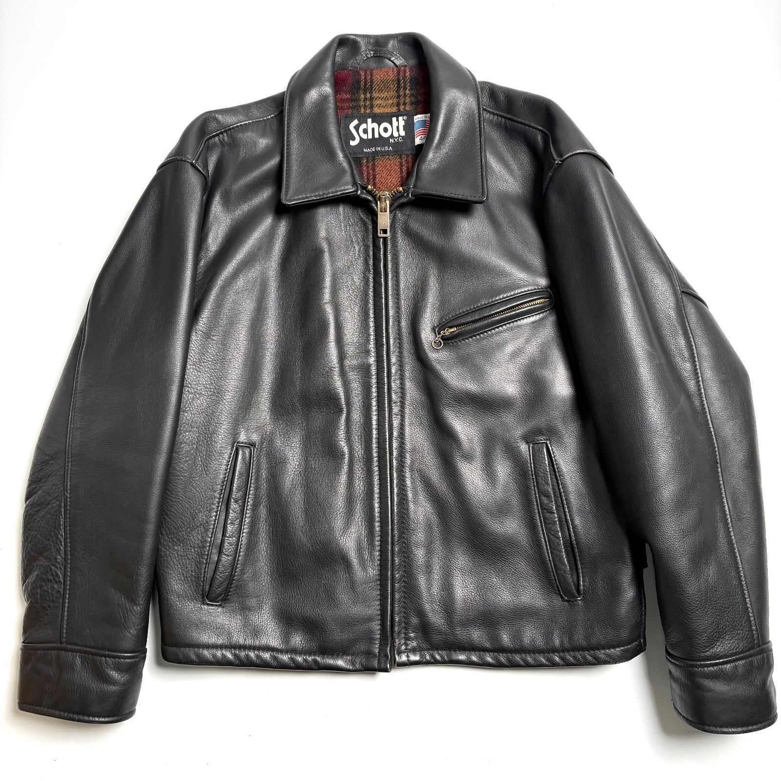 米国製】Schott レザー ライダースジャケット 黒 44 襟付き 本革