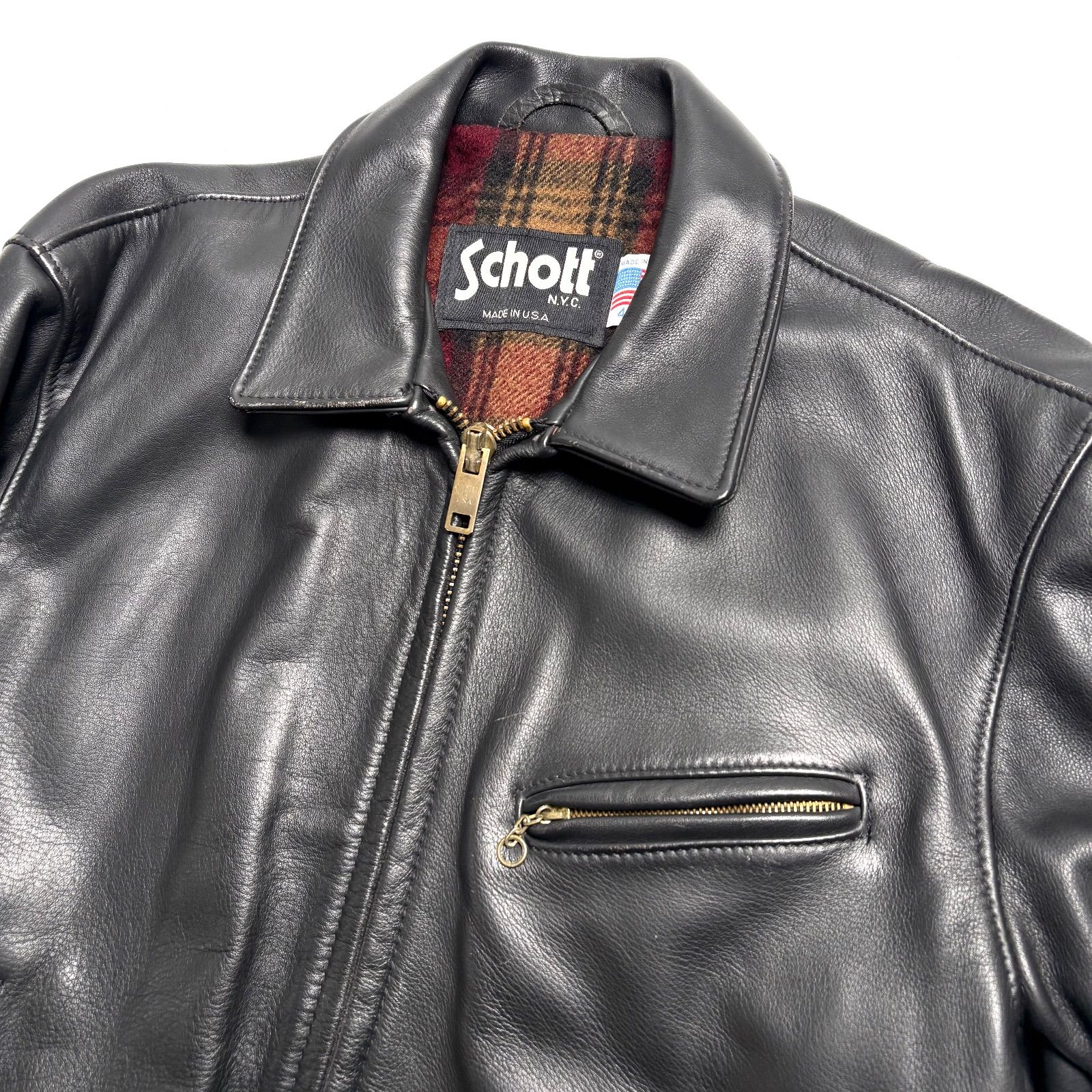 米国製】Schott レザー ライダースジャケット 黒 44 襟付き 本革