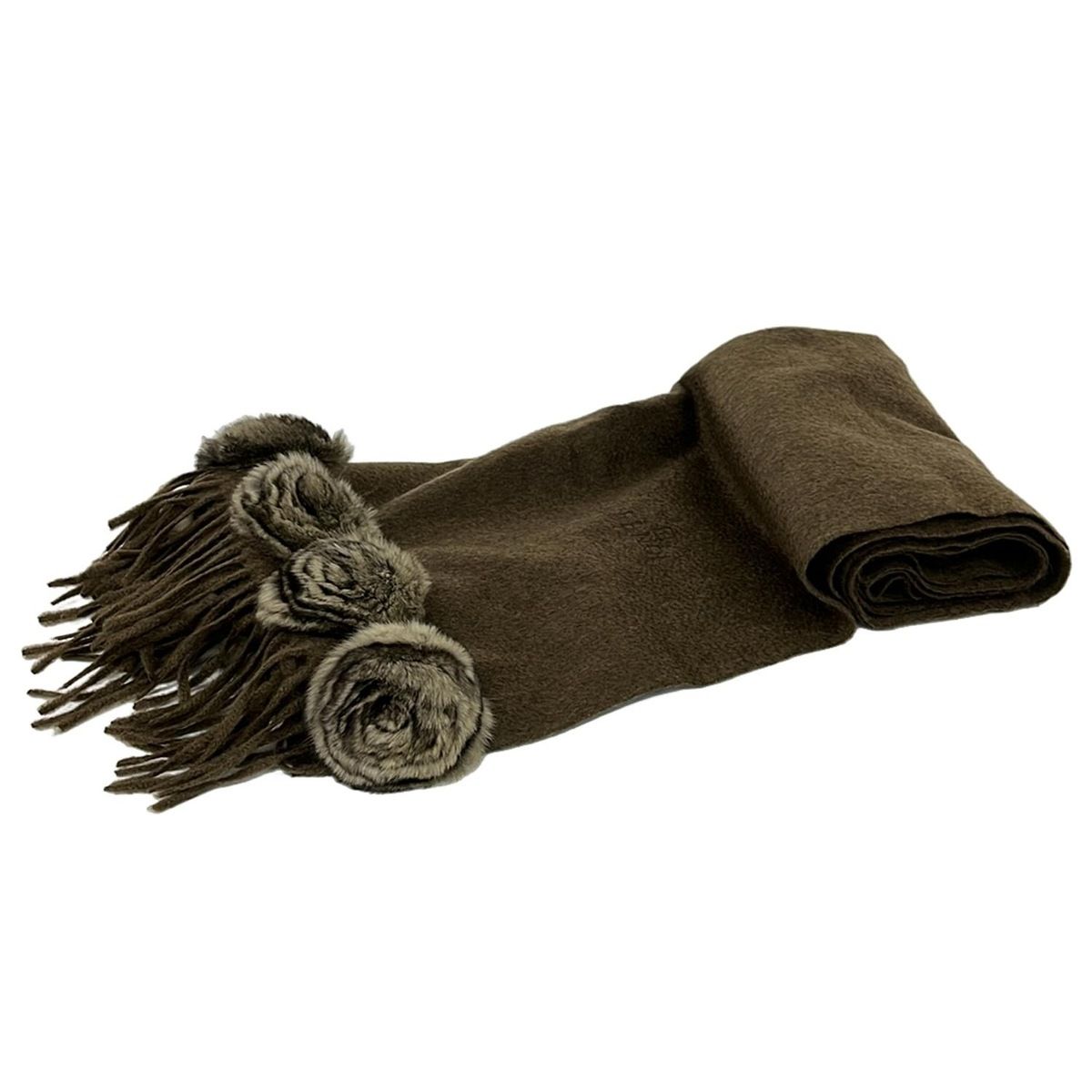 FENDI フェンディ マフラー ダークブラウン グレーベージュ フラワー 花 カシミヤ ファー