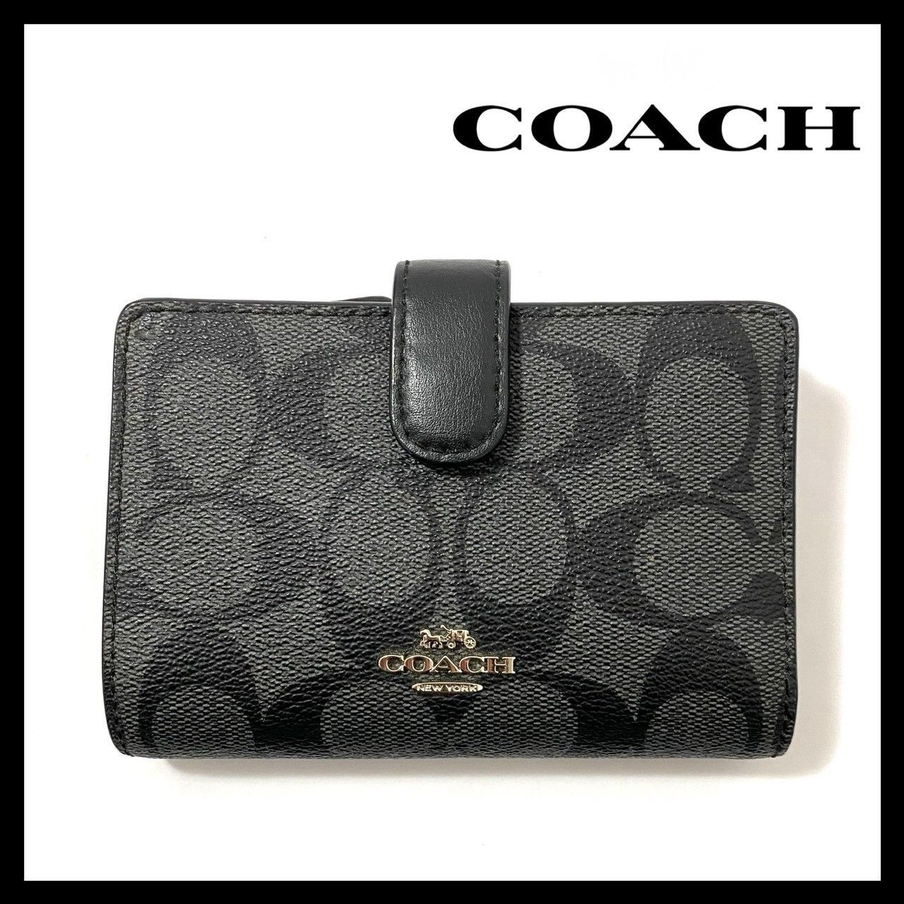 CH【COACH】シグネチャー 二つ折り財布 ブラック/黒 コンパクト 