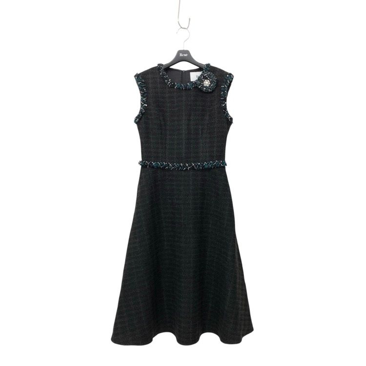 Rene ルネ ツイード ドレス コサージュ付 ブラック グリーン 34 6446250