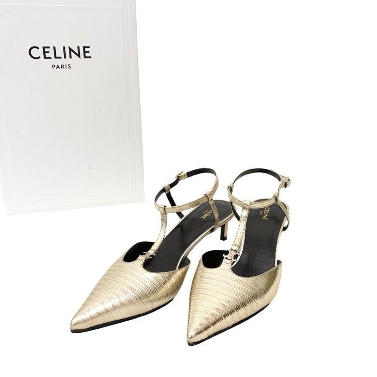 CELINE セリーヌ KITTEN 型押しレザー メタリック パンプス ゴールド 36 .36 PN.36