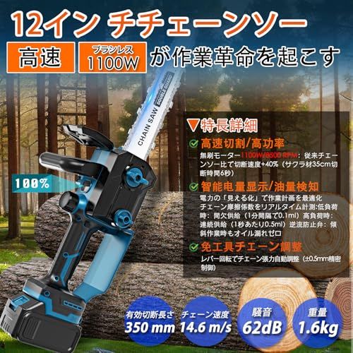 2025強化版 高速 チェーンソー 充電式 12インチ切断径350 mm 18 v互換 1.6 kg軽量 コードレス 片手 自動給油 1100 W強力ブラシレスモーター 14.6 m|sチェーン速度 62 dB低騒音 LED残量表示付 免工具チェーン調整 ポー