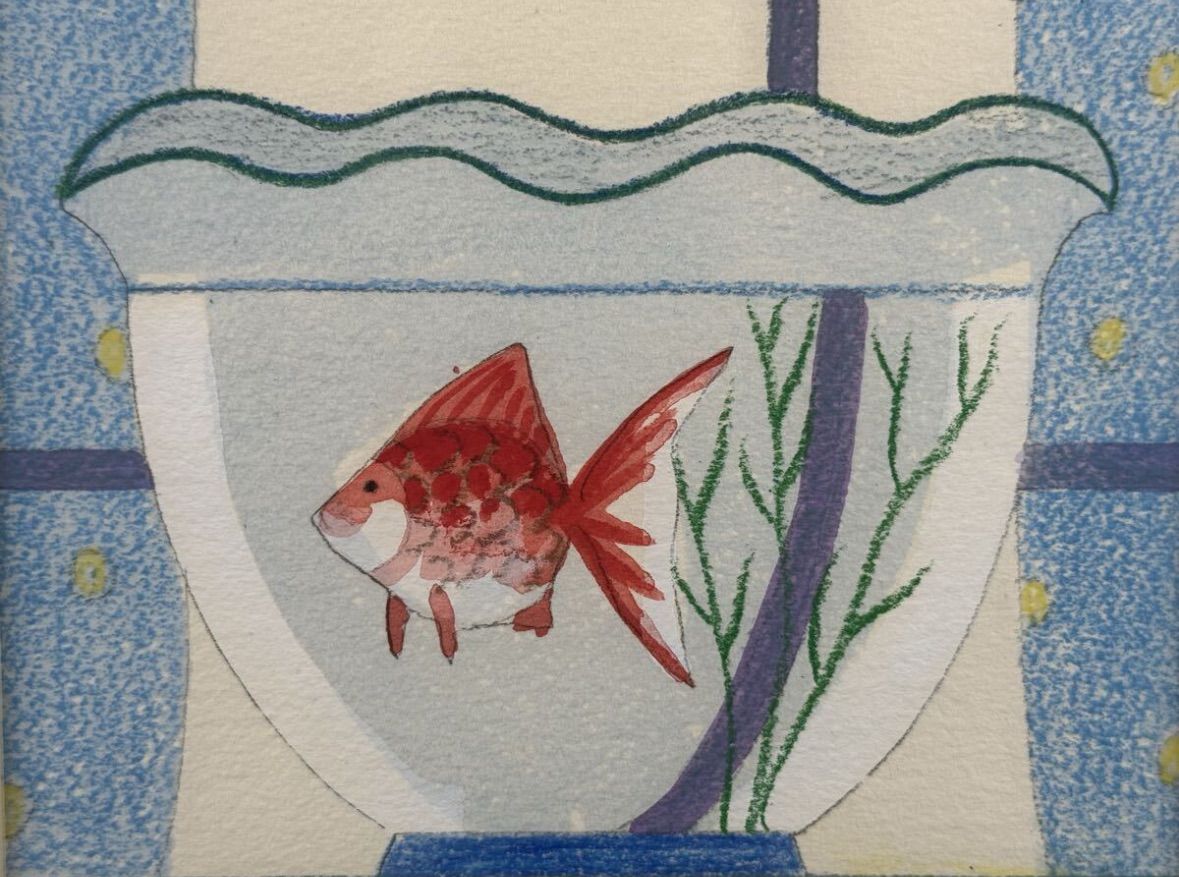 荒深和博 「金魚」水彩 SM号 名古屋画廊取扱 共シール 直筆サイン入り