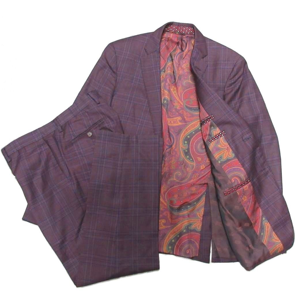 エトロ ETRO 21 AW ペイズリー × チェック シングルスーツ セットアップ ウール 本切羽 2 B 裏地総柄 サイズ50 ボルドー 赤系