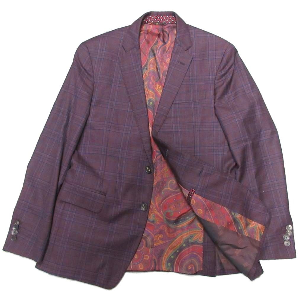 エトロ ETRO 21 AW ペイズリー × チェック シングルスーツ セットアップ ウール 本切羽 2 B 裏地総柄 サイズ50 ボルドー 赤系
