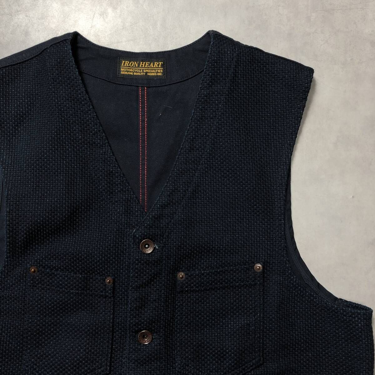GQ 4256 IRON HEART 14 ozインディゴ刺子風織りワークベスト XL 藍色 定価￥26400- アイアンハート