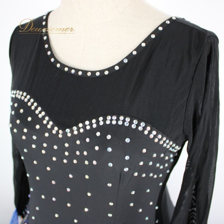 社交ダンス 衣装 ドレス ワンピース パーティ衣装 オールシーズン ラインストーン 黒 青 ブルー系 ブラック系 派手 華やか 二重スカート フロート付き シルエット キラキラ チョーカー 軽やか おしゃれ 上品 競技用