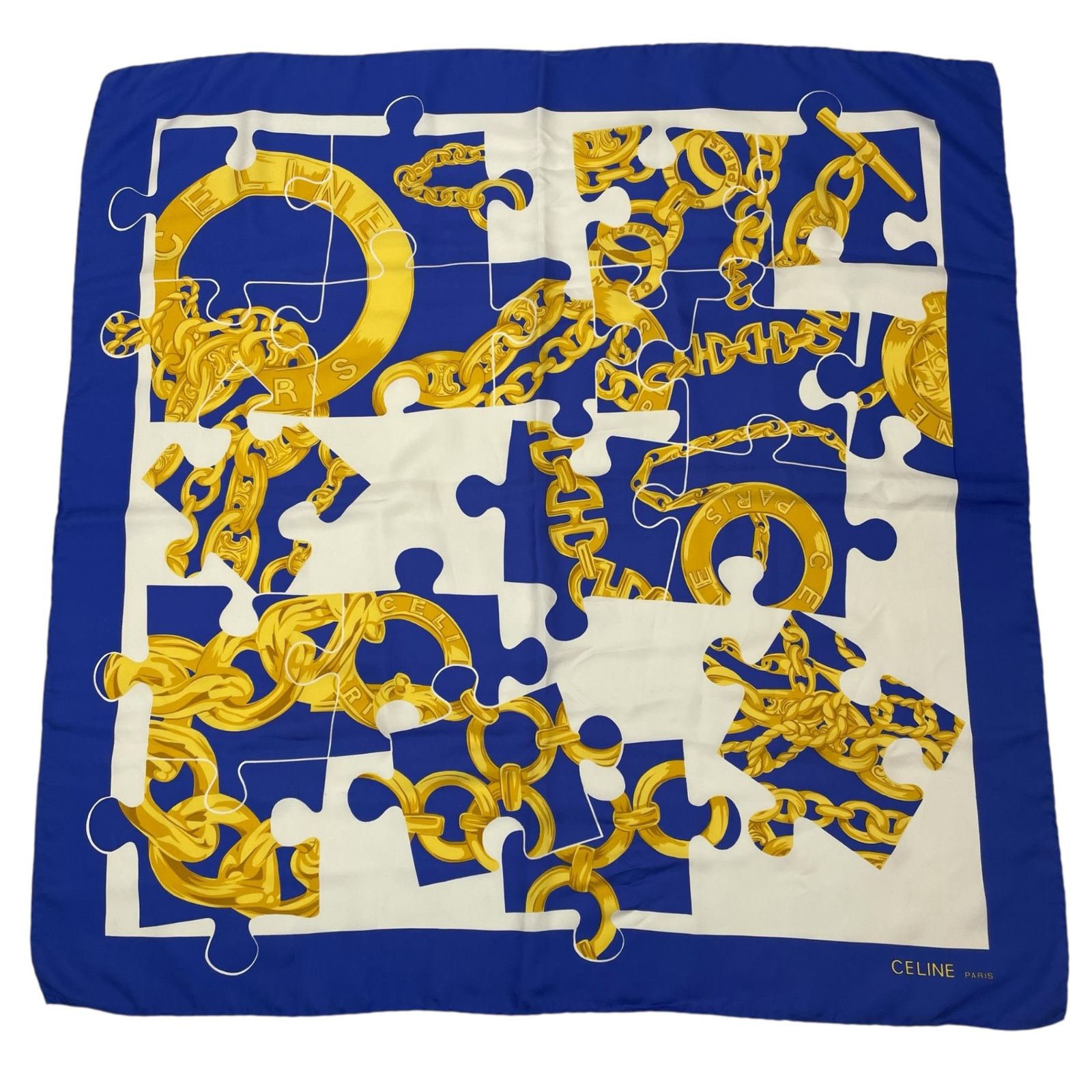 美品 CELINE セリーヌ スカーフ シルク 大判 チェーン柄 ホワイト x