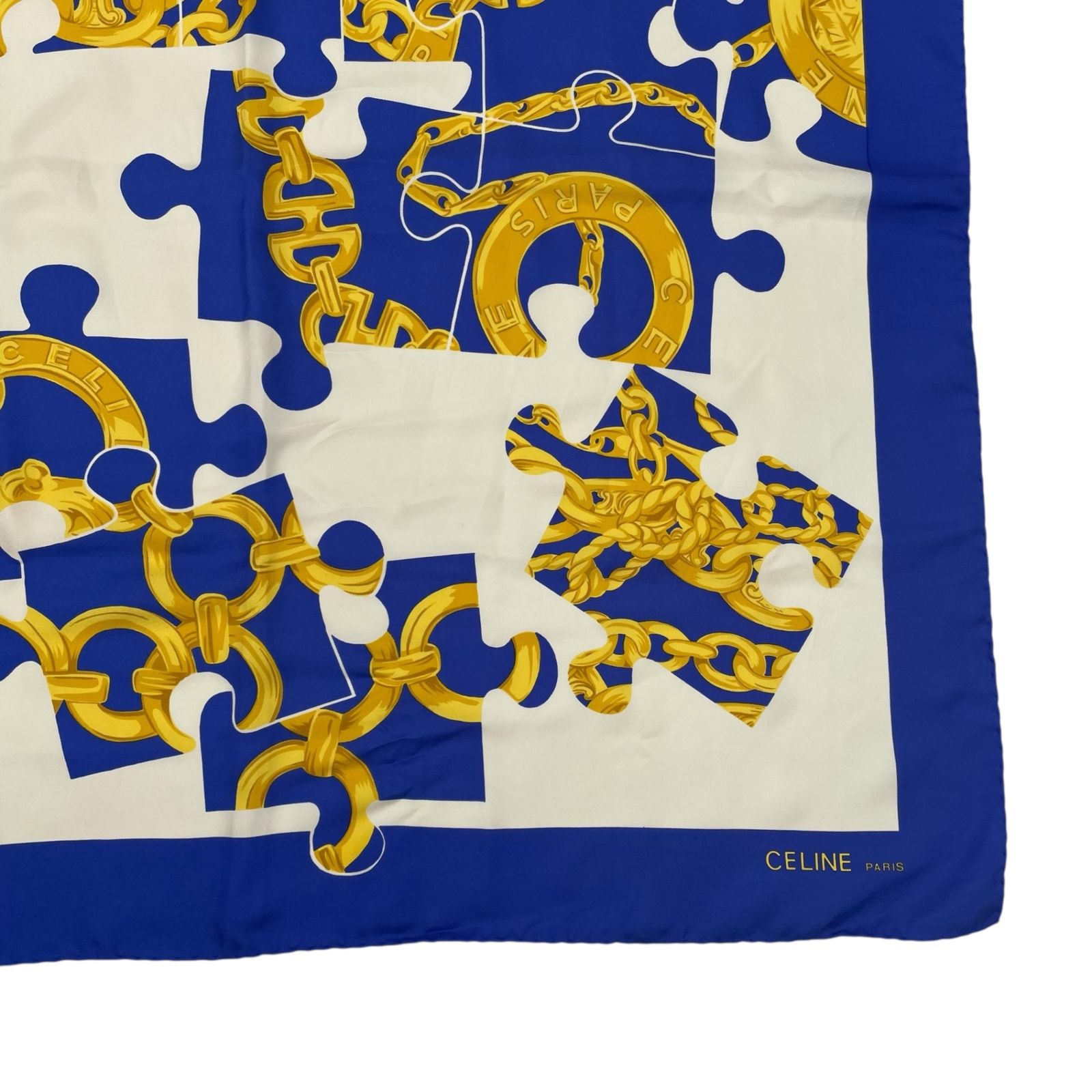 美品 CELINE セリーヌ スカーフ シルク 大判 チェーン柄 ホワイト x