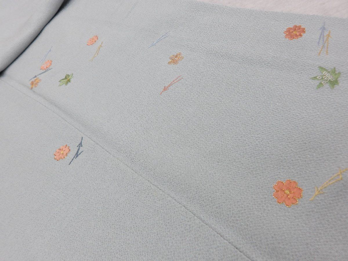 P 41165 古代縮緬 手刺繍 吹き寄せ柄 付下げ 袷 t