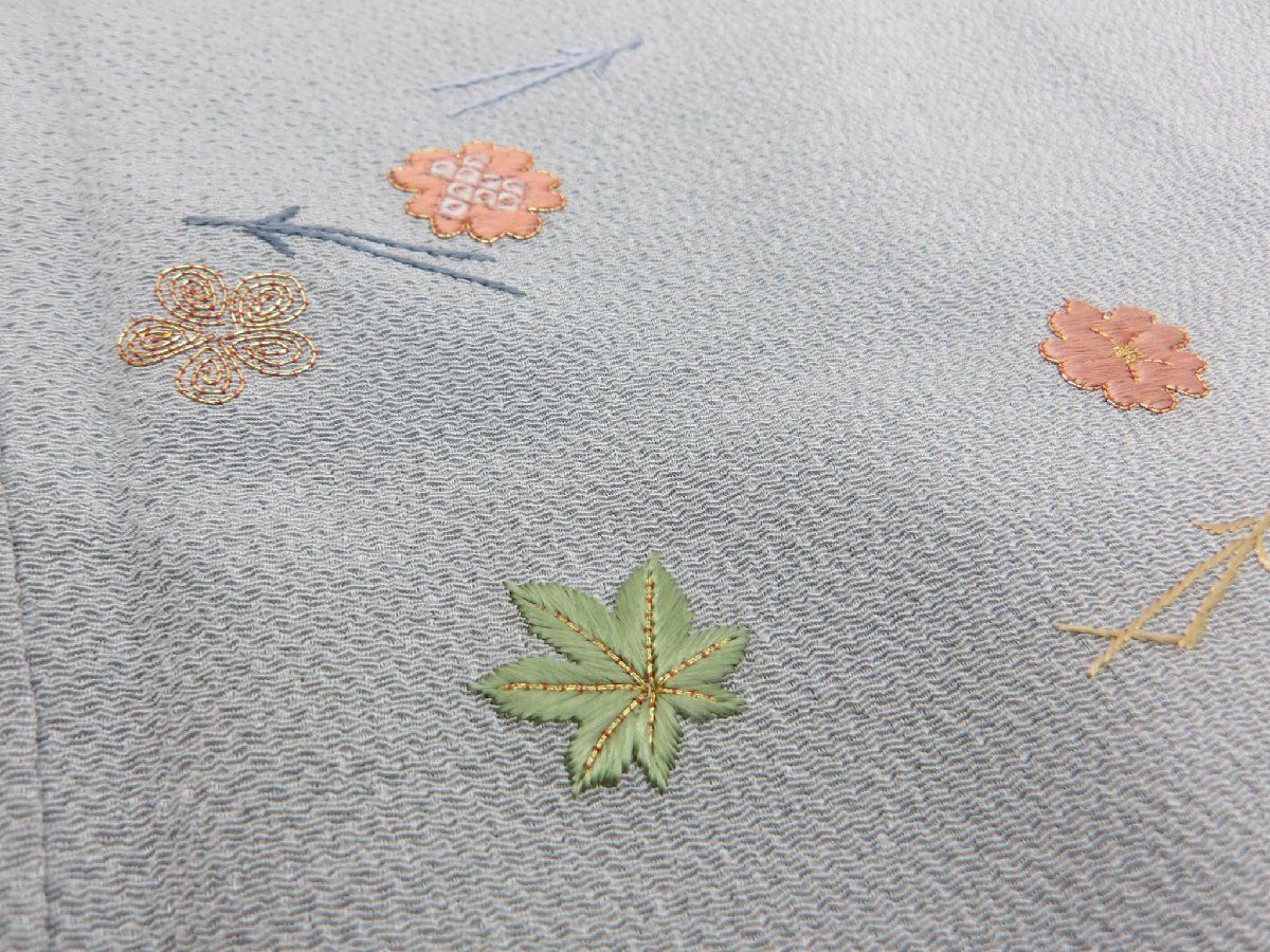 P 41165 古代縮緬 手刺繍 吹き寄せ柄 付下げ 袷 t