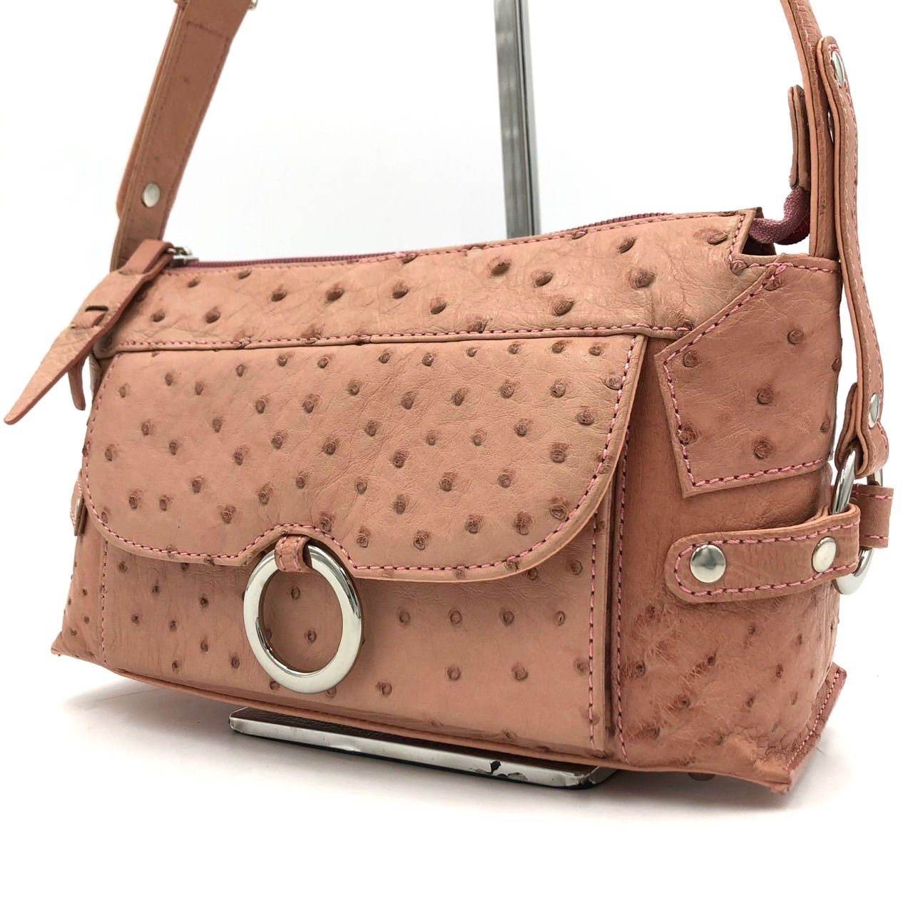 美品】h×3 af trois オーストリッチ ハンドバッグ ピンクベージュ D 