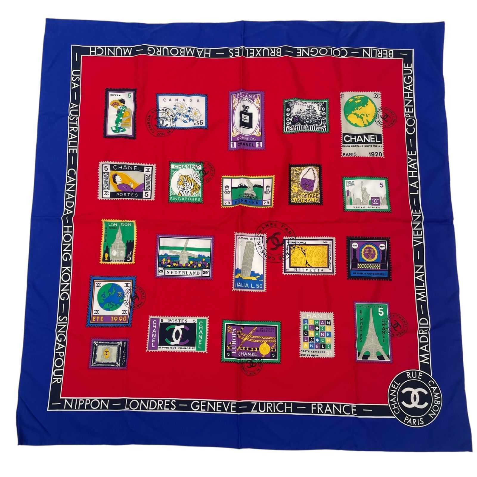 CHANEL 切手デザイン スカーフ 新品同様 CHANEL シャネル スカーフ シルク 切手柄 ココマーク マルチ