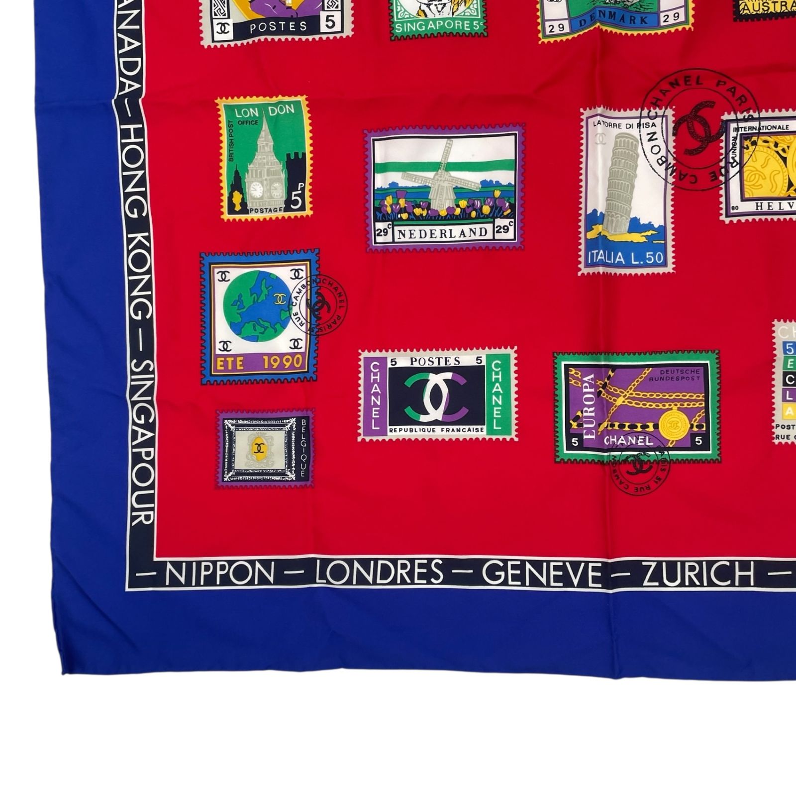 新品同様 CHANEL シャネル スカーフ シルク 切手柄 ココマーク マルチ