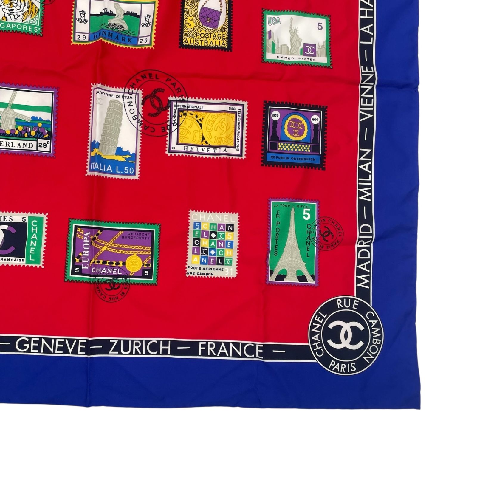 CHANEL 切手デザイン スカーフ 新品同様 CHANEL シャネル スカーフ シルク 切手柄 ココマーク マルチ