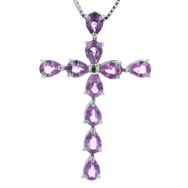 K 18 WG ホワイトゴールド ネックレス ピンクサファイア 1.89 ct ダイヤモンド ペアシェイプ クロス 十字架 40 cm 仕上済 zz