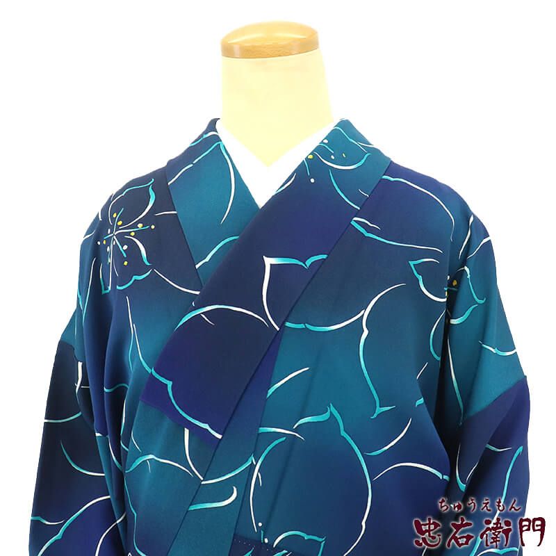 小紋 袷 レディース 正絹 青紺 花柄 身丈157cm 裄丈68cm カジュアル