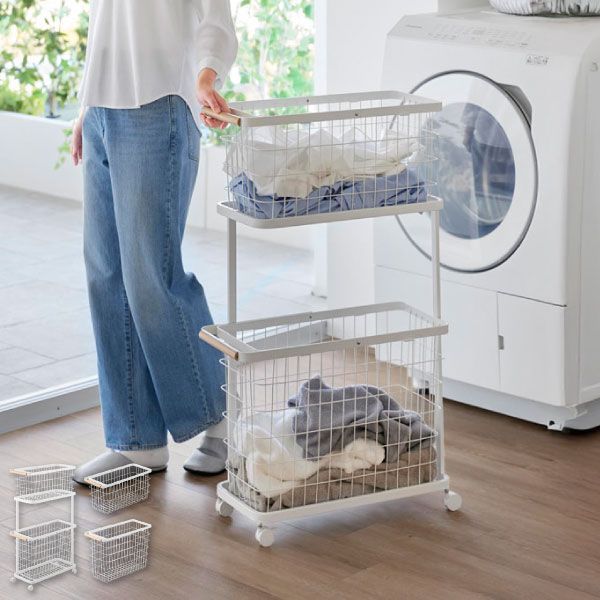 山崎実業 ランドリーワゴン バスケット tosca スリム ランドリーバスケット 2段 キャスター付き 洗濯カゴ おしゃれ 大容量 北欧 省スペース かわいい メッシュ 白 ワイヤー 大きい 約幅25 cm 持ち運び便利 バスグッズ yamazaki M L