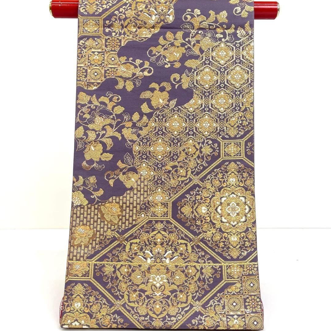 着物と帯 時流】F25993t◇正絹 袋帯◇更紗華文 金糸 未使用品 紫