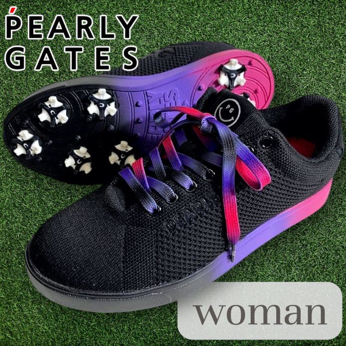 PEARLY GATES パーリーゲイツ ゴルフ UNDYED-KNIT ニコちゃん グラデーション レースアップ ローカット ソフトスパイク ゴルフシューズ スパイクレンチ付き 053-2292802 定価3.5万 ブラック ▲039 50912 w 03