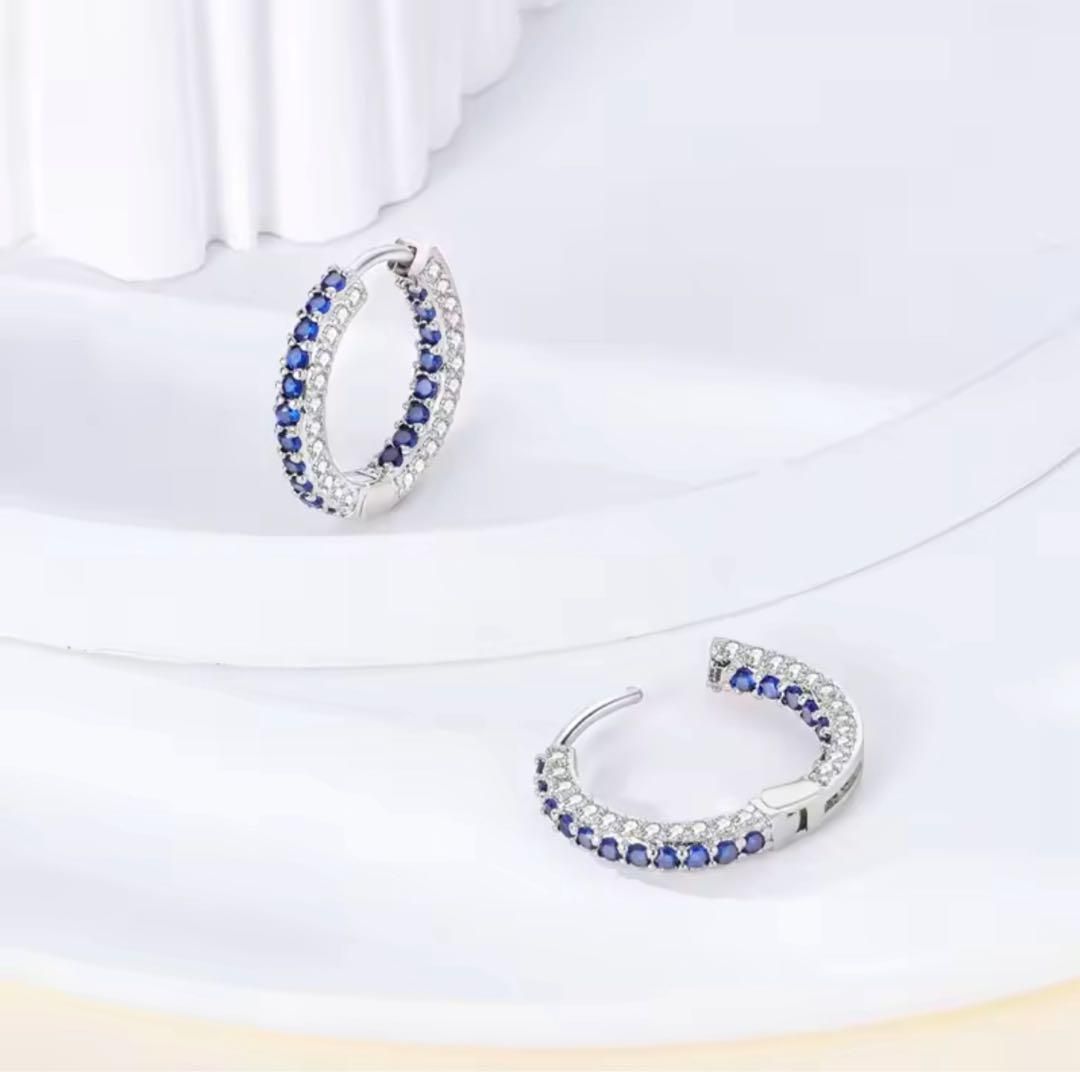 サファイア フープピアス CZダイヤ S925 プラチナコート 上品 208P