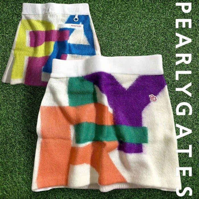 PEARLY GATES パーリーゲイツ ゴルフ モヘヤ混 ニット BIGロゴ柄 ストレッチ ミニ スカート ゴルフウェア レディース 055-2234122 定価3.4万 マルチ 038 50402 w 01