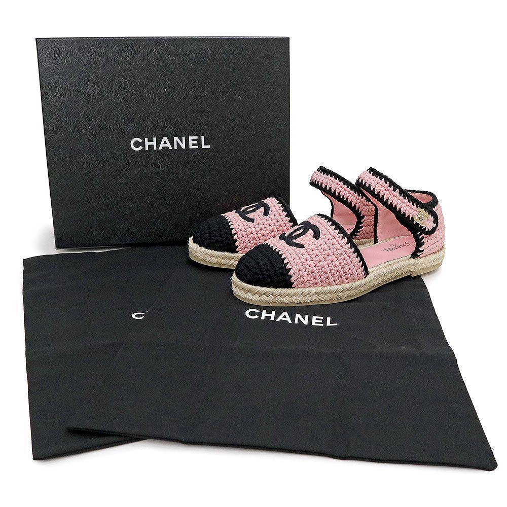 シャネル エスパドリーユ サンダル 靴 39 26 cm ニット レザー ライトピンク ブラック ゴールド金具 G 38736 CHANEL