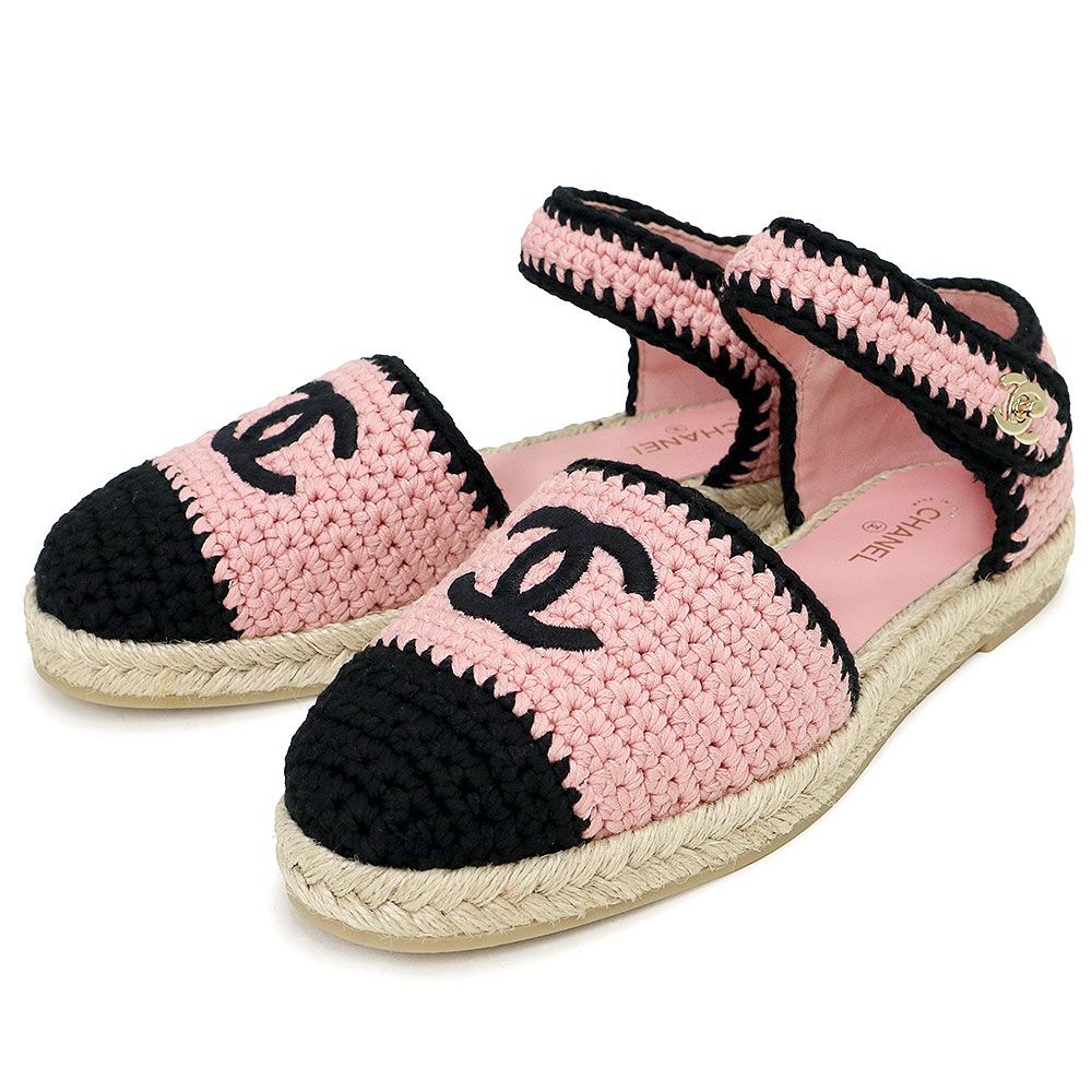 シャネル エスパドリーユ サンダル 靴 39 26 cm ニット レザー ライトピンク ブラック ゴールド金具 G 38736 CHANEL ♥保管品