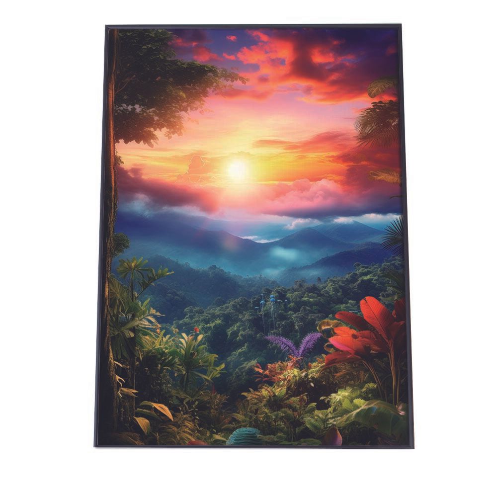 【B2サイズ（約51x73cm）】【lh-poster-2857】【フレーム付き】ポスター ジャングル 森 林 木 夕焼け 景色 山 谷 風景 日没 霧 ナチュラルインテリア アーバンモダン アールデコ