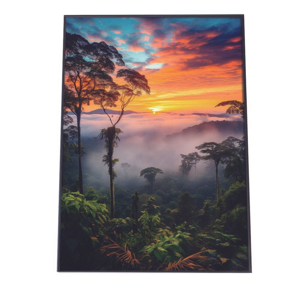 【A2サイズ（約42x59cm）】【lh-poster-2859】【フレーム付き】ポスター ジャングル 森 林 木 夕焼け 景色 山 谷 風景 日没 霧 ナチュラルインテリア アーバンモダン アールデコ